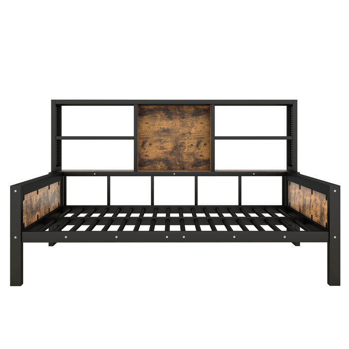 Merax Industrial Daybed Bed with 2-Tier Storage Shelves & Trundle