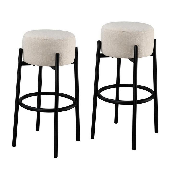 Barstool with Fabric Seat and Tubular Legs, Set of 2, Beige and Black - Benzara