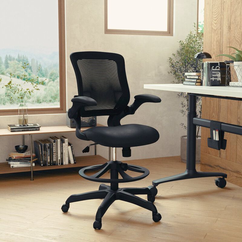 Flash Furniture Mid-Back Black Mesh Drafting Chair with Adjustable Foot Ring and Flip-Up Arms image number 9