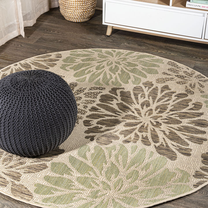 Zinnia Modern Floral Textured Weave Round Indoor/Outdoor Area Rug