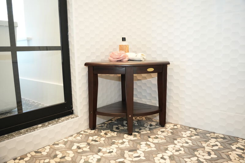 DecoTeak SnazzyCorner 18" Teak Wood Wide Corner Shower Bench with Shelf in Woodland Brown Finish