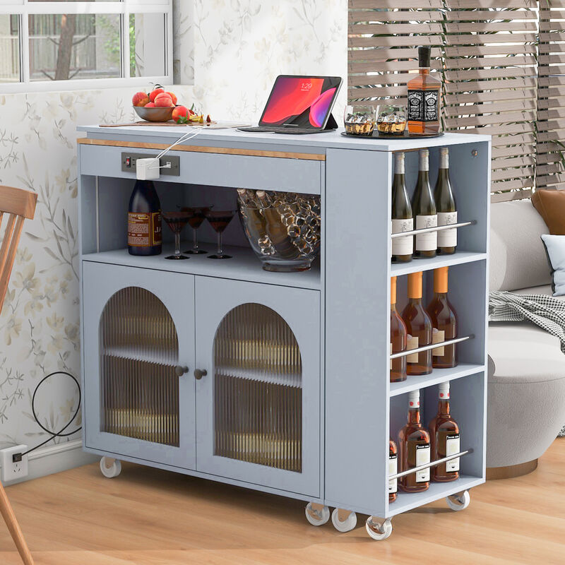 Rolling Kitchen Island With Extended Table, Kitchen island on Wheels with LED Lights,Power Outlets and 2 Fluted Glass Doors, Kitchen Island with a Storage Compartment and Side 3 Open Shelves