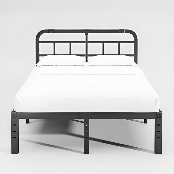 Heavy Duty Platform Bed Frame in Black Metal with Built-In Headboard