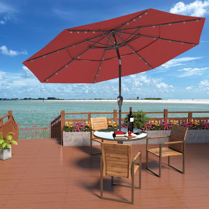 10 FT Patio Umbrella with Solar Lights 3-Tier Outdoor Table Umbrella Market Umbrella Pool Umbrella Outdoor Umbrellas for Patio, Red