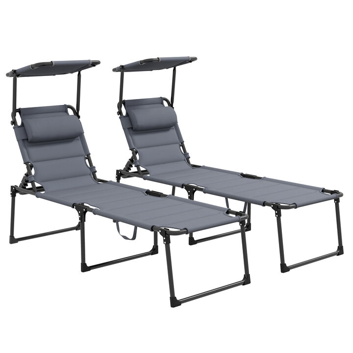 Outsunny 2 Pcs Outdoor Lounge Chair, 4 Position Adjustable Backrest Folding Chaise Lounge, Cushioned Tanning Chair w/ Sunshade Roof & Pillow Headrest for Beach, Camping, Hiking, Backyard, Gray