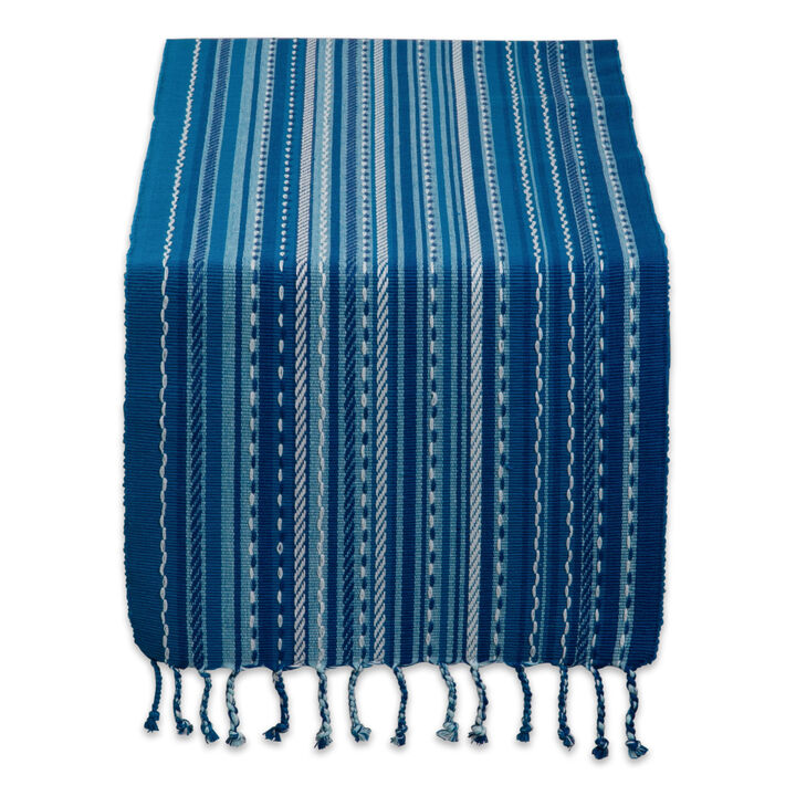 14" x 72" Blue and White Rectangular Home and Kitchen Essentials Tonal Stripe With Fringe Table Runner