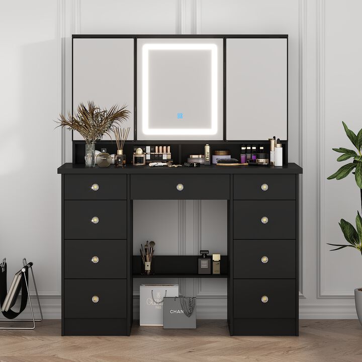 FUFU&GAGA Black Makeup Vanity with LED Mirror, 6 Drawers and Storage Compartments (43.3" W x 53.9" H x 19.7" D), Elegant Black