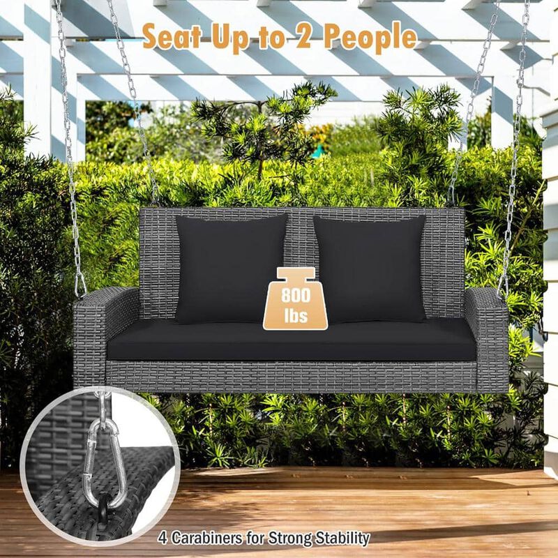 Mondawe 2-Person Patio PE Wicker Hanging Porch Swing Bench Chair Cushion 800 Pounds