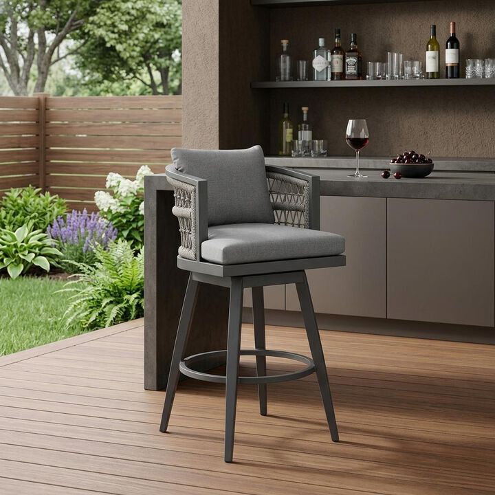 HomeRoots 37" Gray Metal Swivel Outdoor Counter Height Bar chair with Footrest