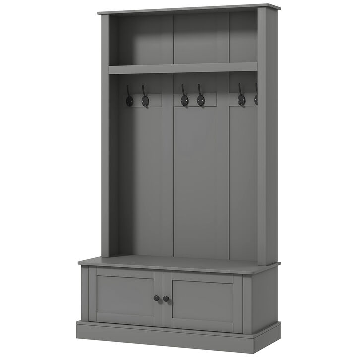 HOMCOM Freestanding Hall Tree, Entryway Bench with Coat Rack, Shoe Cabinet and Top Shelf, Mudroom Bench with Storage and Hooks for Hallway, Gray