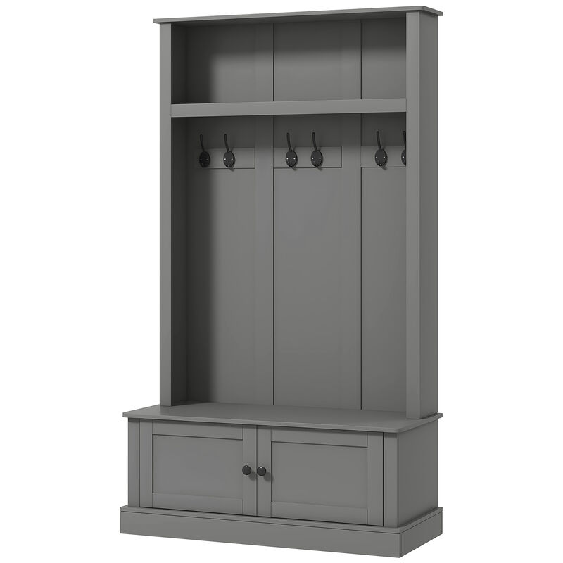 HOMCOM Freestanding Hall Tree, Entryway Bench with Coat Rack, Shoe Cabinet and Top Shelf, Mudroom Bench with Storage and Hooks for Hallway, Gray