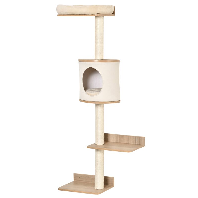 4-Level Wall-Mounted Cat Tree Activity Tower, Wall Cat Shelves with Sisal Rope Scratching Posts, Cat Condo and Bed, Light Brown