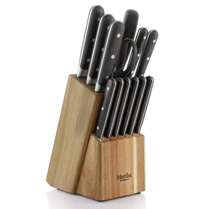 Martha Stewart 14 Piece Stainless Steel Cutlery Set in Black with Acacia Wood Storage Block