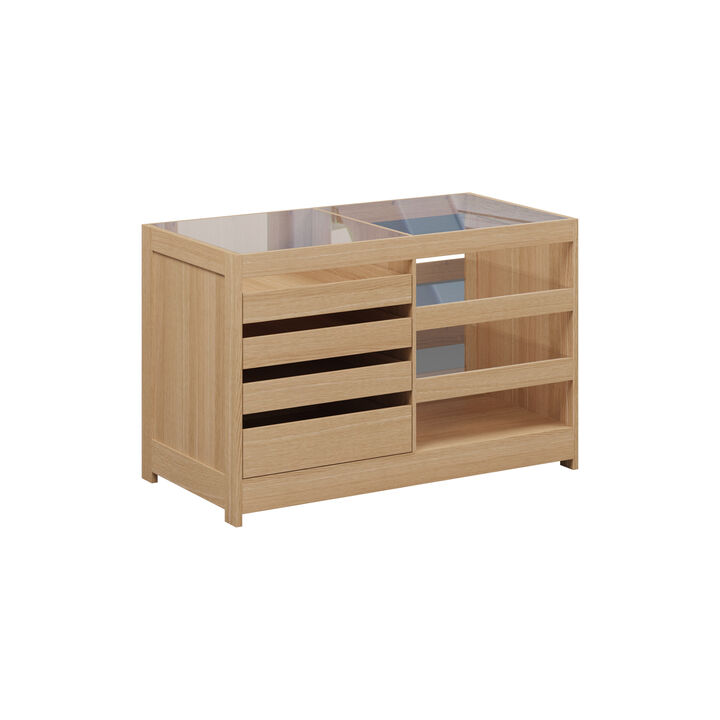 FUFU&GAGA Jewelry Display Island with Tempered Glass Top, Oak Finish (55.1" W x 27.6" D x 35.4" H),Brown