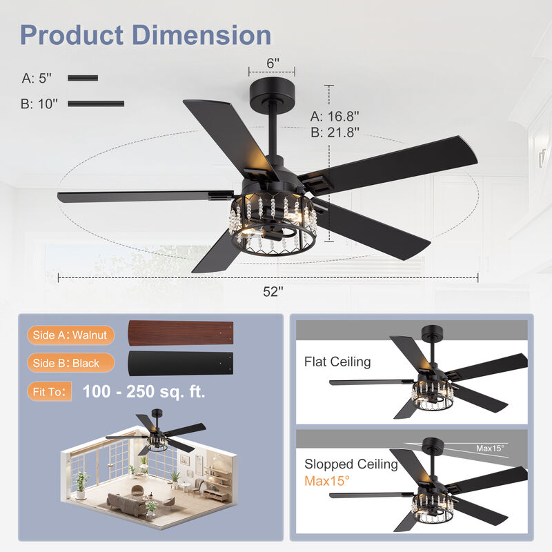 Breezary 52" Crystal Ceiling Fan with Lights, 2-Light E26 Base, DC Motor, 6-Speed Remote, Reversible Grain Blades, Quiet image number 6
