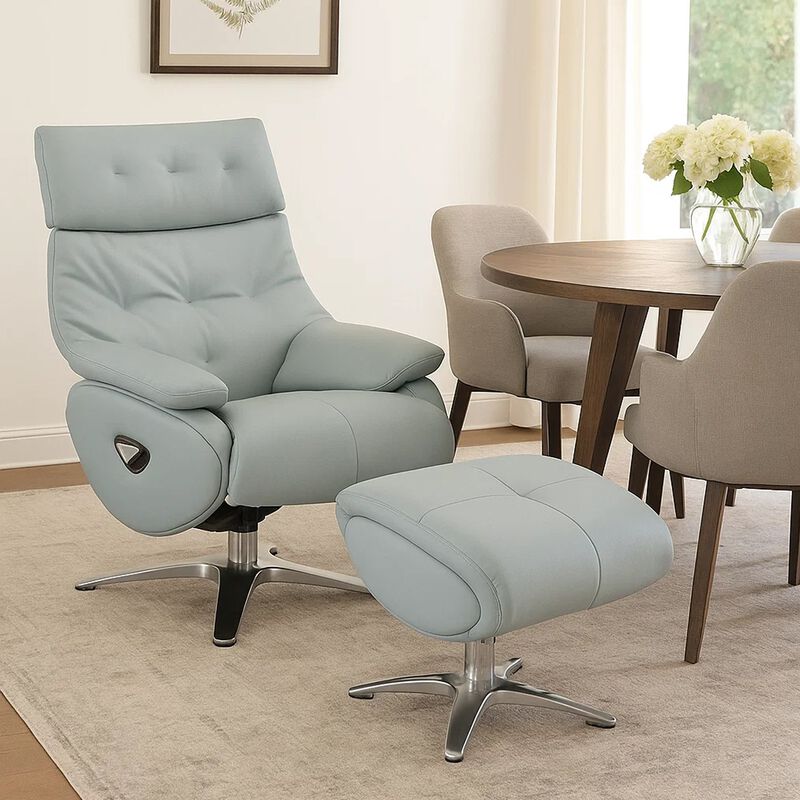 Fema Swivel Accent Chair w Ottoman, Light Blue Top Grain Leather