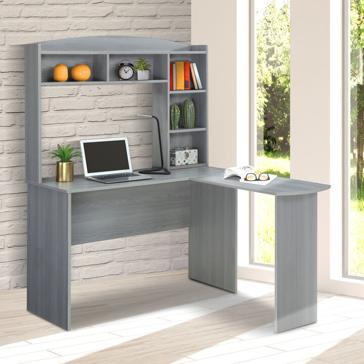 Modern L-Shaped Desk with Hutch, Grey