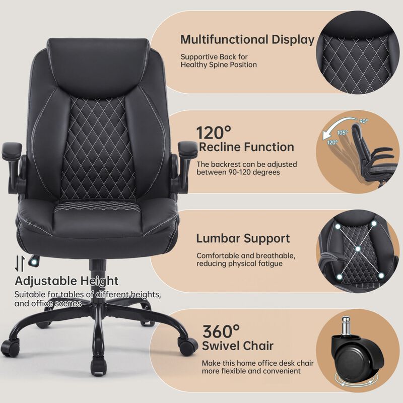 Ergonomic Leather Office Chair with Flip-Up Armrests, Lumbar Support, Swivel & Rocking &ndash; Home Office Desk Chair image number 5