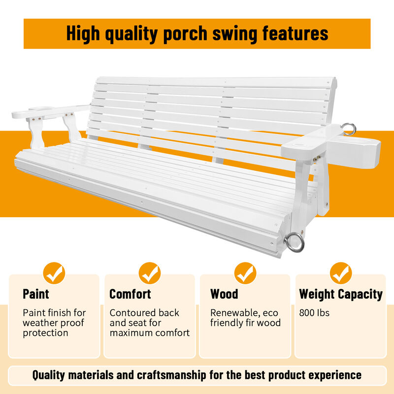 Wooden Porch Swing 3-Seater, Bench Swing with Cupholders, Hanging Chains and 7mm Springs, Heavy Duty 800 LBS, for Outdoor Patio Garden Yard (White - 5 feet) image number 4