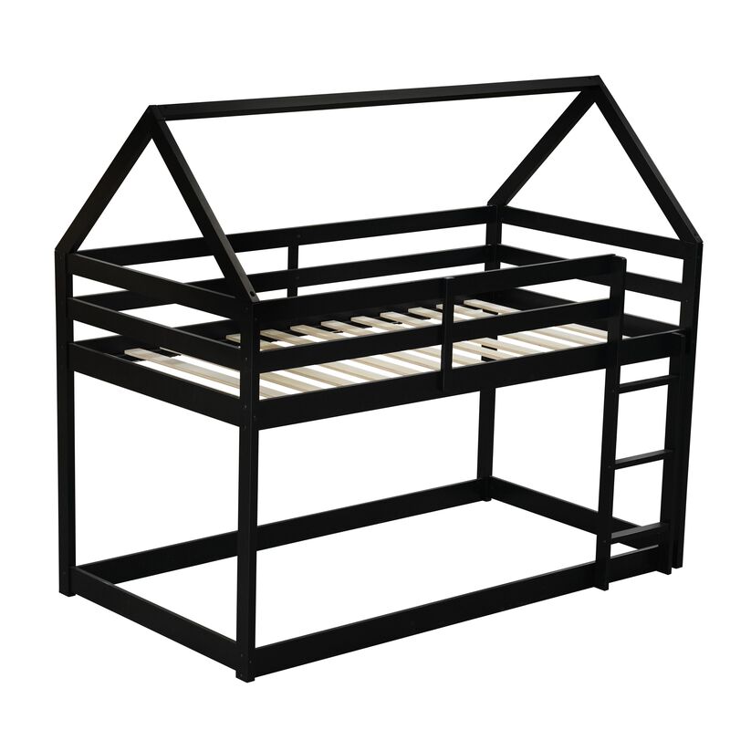 Whisen Twin over Twin Rubber Wood House-Shaped Floor Bunk Bed with ladder and Safety Guardrails image number 6