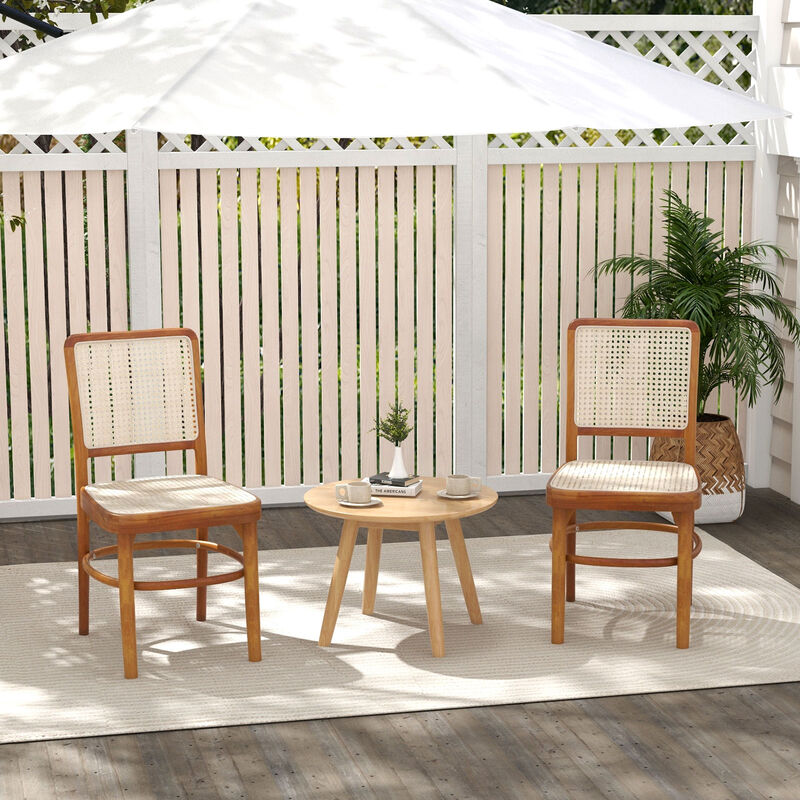 Set of 2 Dining Chairs Rattan with Teak Wood Structure and Footrests