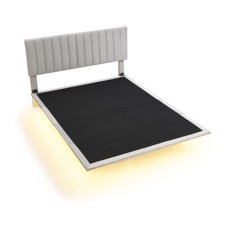Queen Size Upholstered Bed with Sensor Light and Headboard, Floating Velvet Platform Bed, Gray image number 3