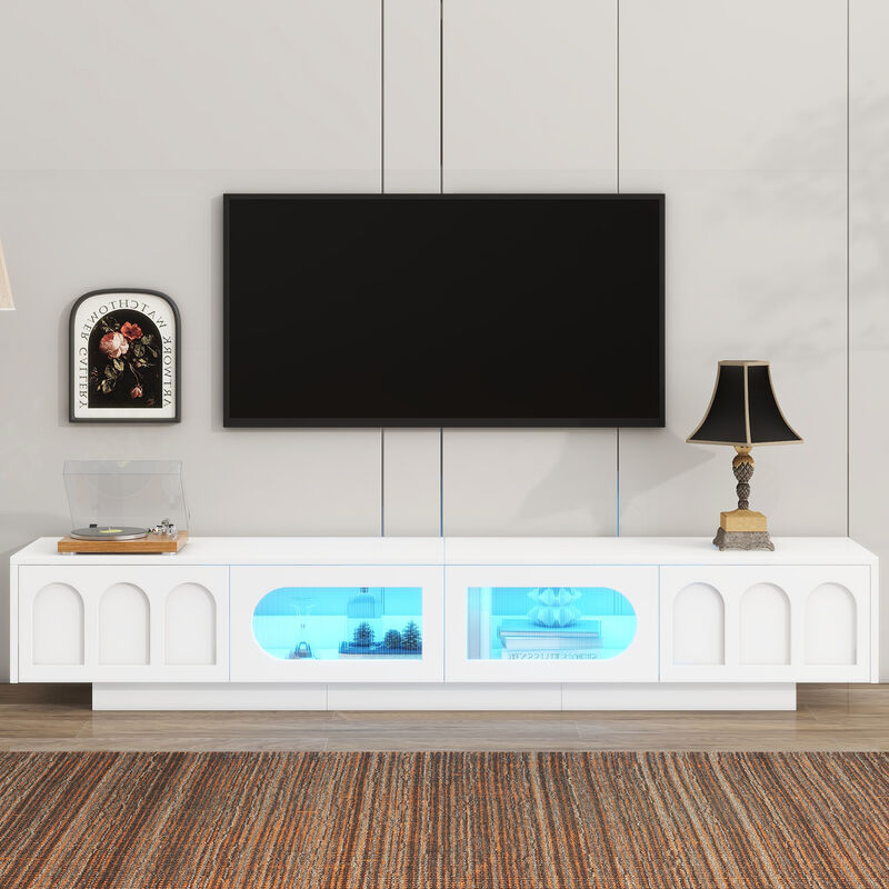 Clihome TV Stand with Fluted tempered Glass Doors for TVs Up to 95'', Functional Media Console with Arched Cabinet Doors, Entertainment Center with APP-Controlled LED Light for Living Room image number 2