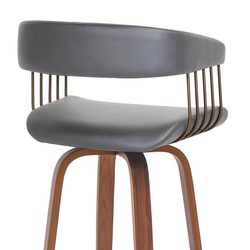 30.5" Swivel Walnut Wood Bar Stool in Gray Faux Leather with Golden Bronze Metal image number 5