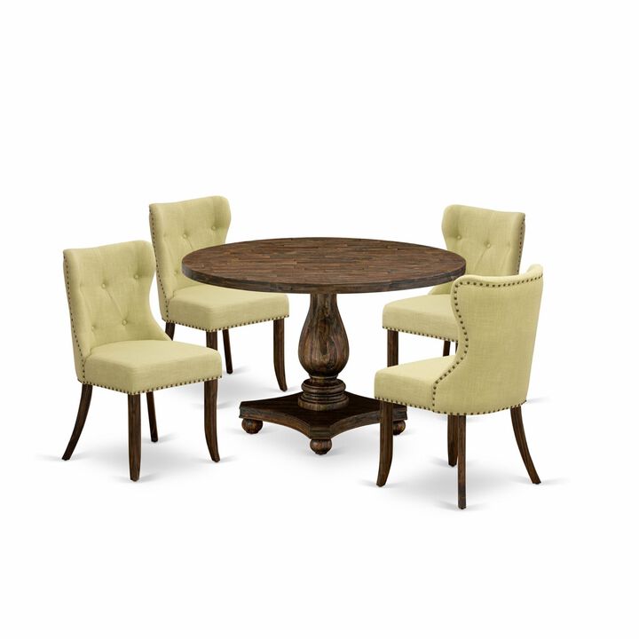 East West Furniture I2SI5-737 5Pc Dining Room Set - Round Table and 4 Parson Chairs - Distressed Jacobean Color