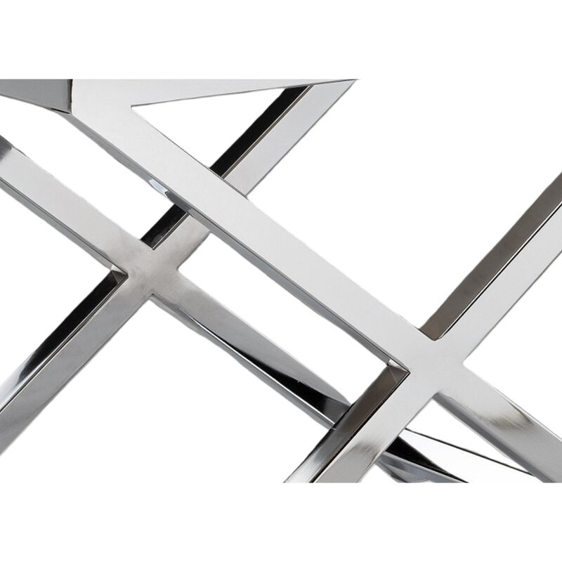 Sumi 18 Inch Stool, Padded Seat, White Faux Leather, Crossed Chrome Legs - Benzara