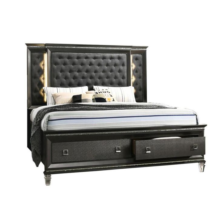 Best Quality Furniture Panel Bed with Tufted Buttons and  Backlit Backboard with 2 Footboard Drawers and Jewel Strip on Footboard and Headboard