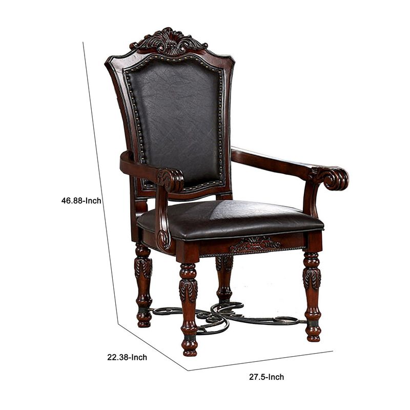 Albi 28 Inch Carved Dining Armchair, Set of 2, Black Faux Leather - Benzara