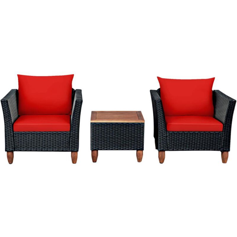 Hivvago 3 Pieces Patio Wicker Furniture Set with Cushions and Acacia Wood Coffee Table Outdoor