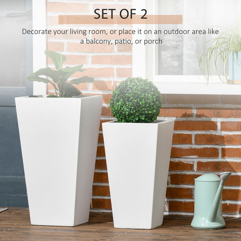 Outsunny 2-Pack Outdoor Planter Set, Flower Pots with Drainage Holes, Durable & Stackable Plant Pot, 22in & 18in, for Porch, Entryway, Patio, Yard, Garden, White
