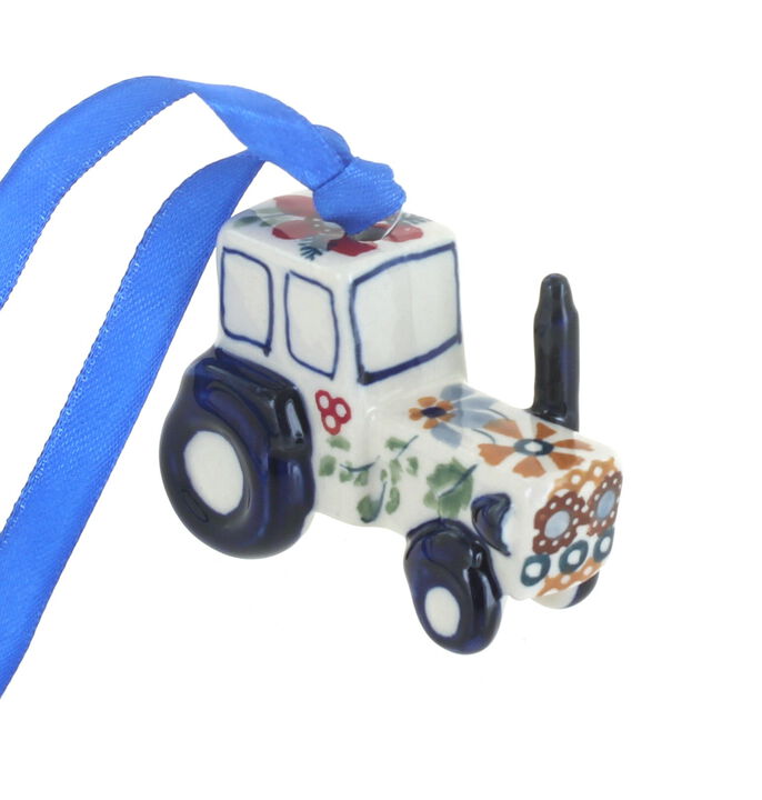 Blue Rose Polish Pottery Tulip Tractor Ornament