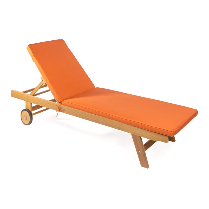 Mallorca 77.56"x23.62" Modern Classic Adjustable Acacia Wood Chaise Outdoor Lounge Chair with Cushion & Wheels, Orange/Natural