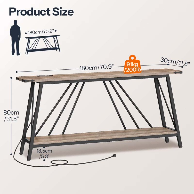 Entryway Console Table with Charging Station and 2 Open Storage Shelves- Greige image number 2