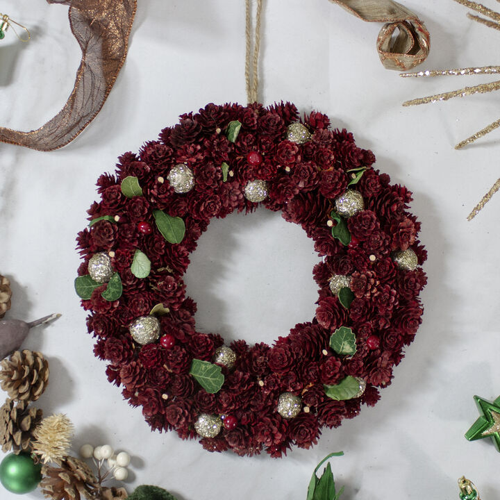Red Pine Cone and Berry Artificial Christmas Wreath  12-Inch  Unlit