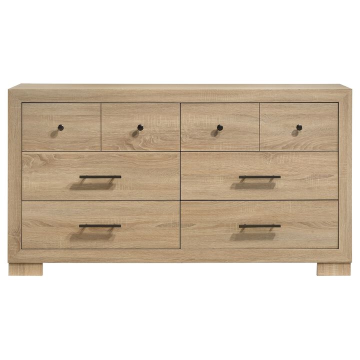 Poxy Wide Dresser with 6 Drawers, Nickel Metal, Oak Brown Wood