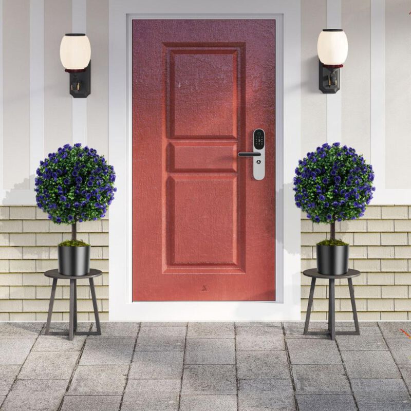 Hivvago 22 Inch Set of 2 Artificial Purple Rose Topiary Ball Trees with Cement-Filled Pot