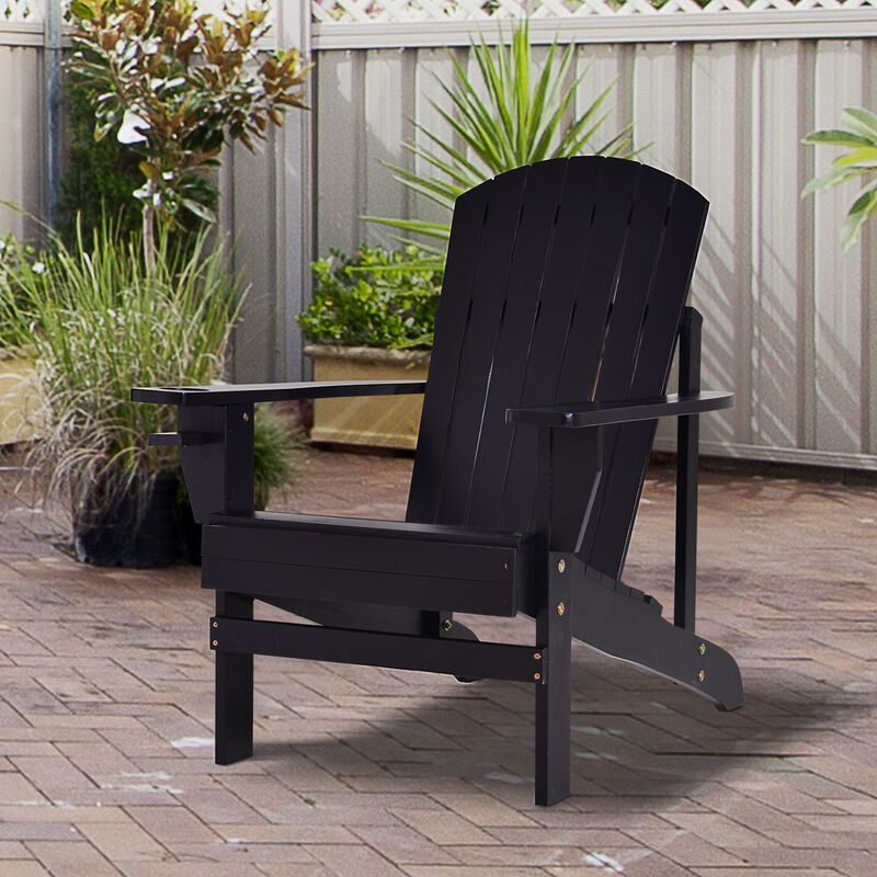 Outsunny Wooden Adirondack Chair, Outdoor Patio Lawn Chair with Cup Holder, Weather Resistant Lawn Furniture, Classic Lounge for Deck, Garden, Backyard, Fire Pit, Black