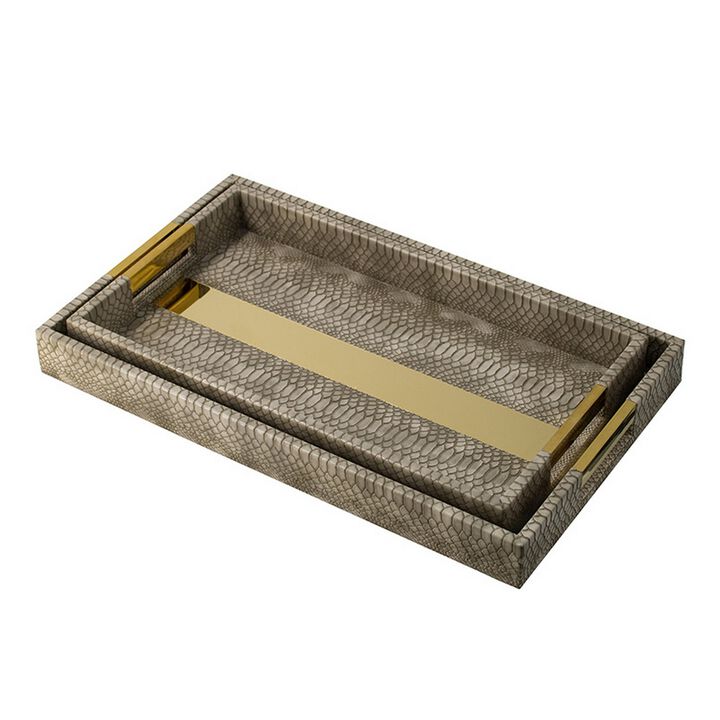 Set of 2 Textured Nesting Trays, MDF Frame, Vegan Faux Leather, Flannel - Benzara