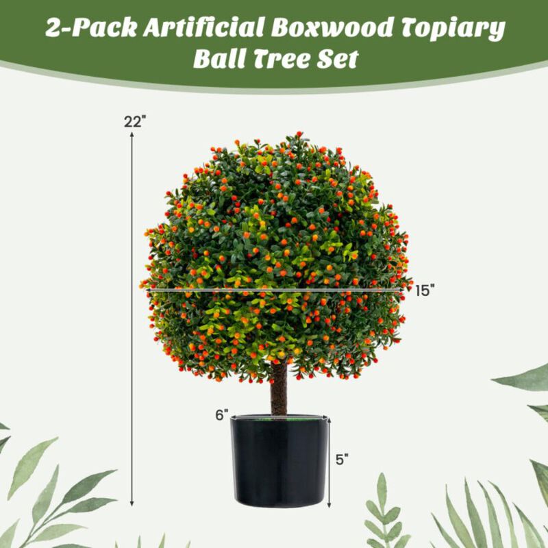 Hivvago 2-Pack Artificial Boxwood Topiary Ball Tree with Orange Fruit
