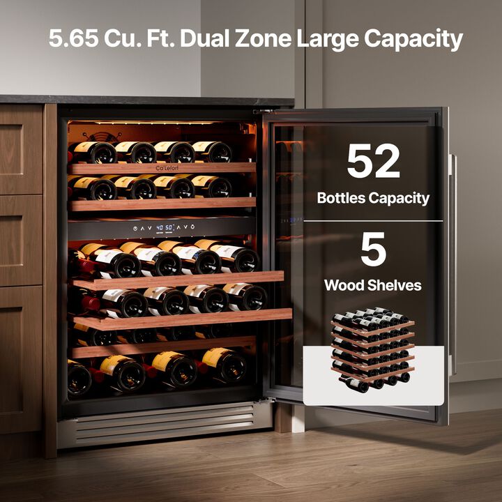 Wine Fridge 24 Inch 52 Bottle Wine Refrigerator, 40-65&deg;F Dual Zone Wine cooler,3 Color LED,Built-in for Home/Bar