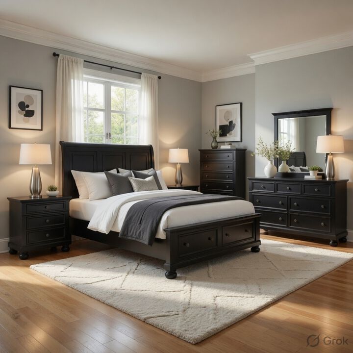 Queen Size Bedroom Set, Black Finish, Panel Headboard, 5-Piece Set with Bed, 2 Nightstands, Dresser and Chest