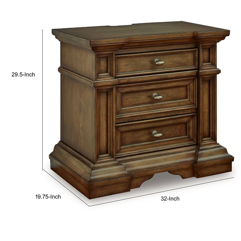 Lesa Nightstand, 3 Drawers with Antique Brass Oval Knobs, Brown 32Inch image number 7