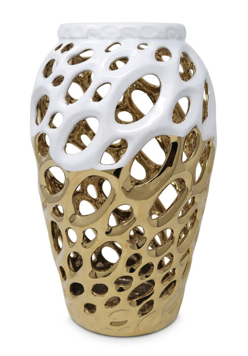 HomeRoots 13" Gold And White Pierced Urn Porcelain Table Vase With Sculptural Details