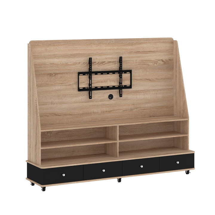 FUFU&GAGA Modern TV Stand with Storage and TV Mount, P2 MDF, with Black Drawers and Casters (70.1" W x 54.7" H x 15.7" D), Oak and Black