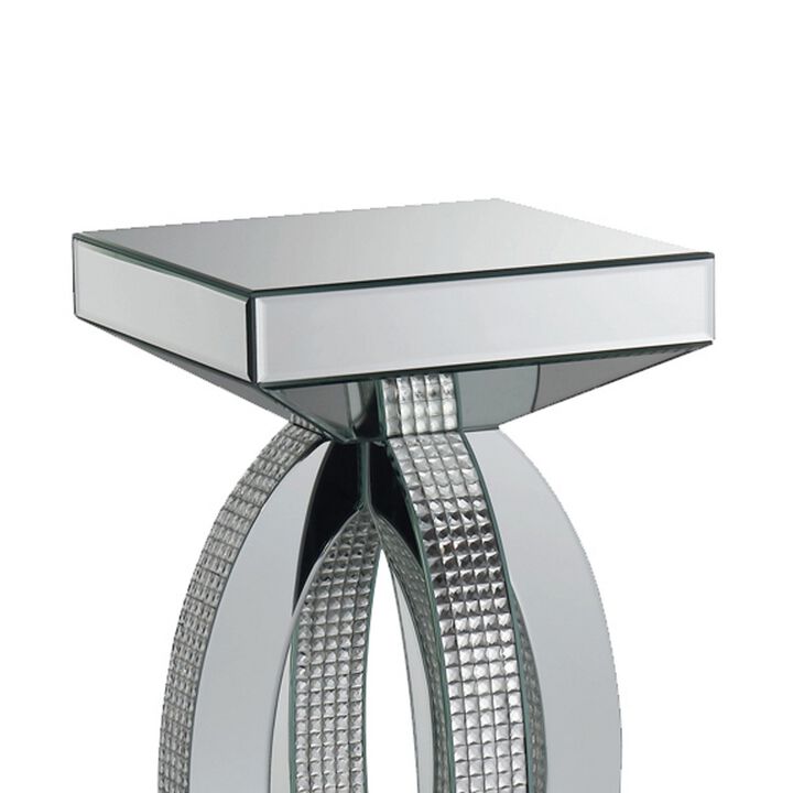 Square Wooden End Table with Curved Body and Rhinestone Accents, Silver