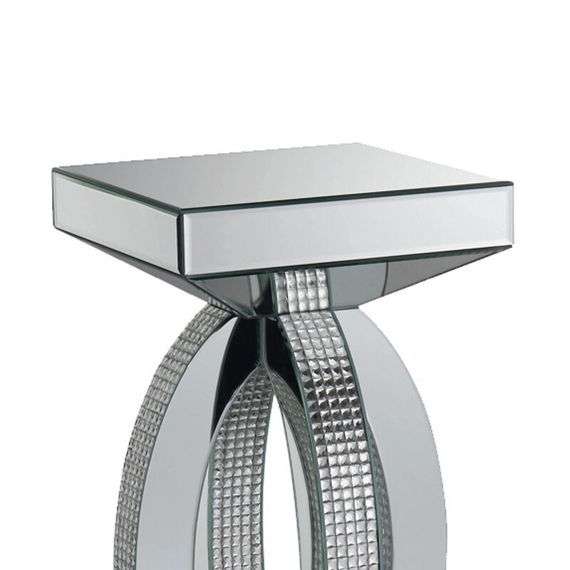 Square Wooden End Table with Curved Body and Rhinestone Accents, Silver